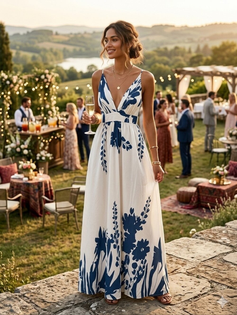 SHEIN Blue White Floral Maxi Dress Size Small Plunge V Neck High Waist Boho